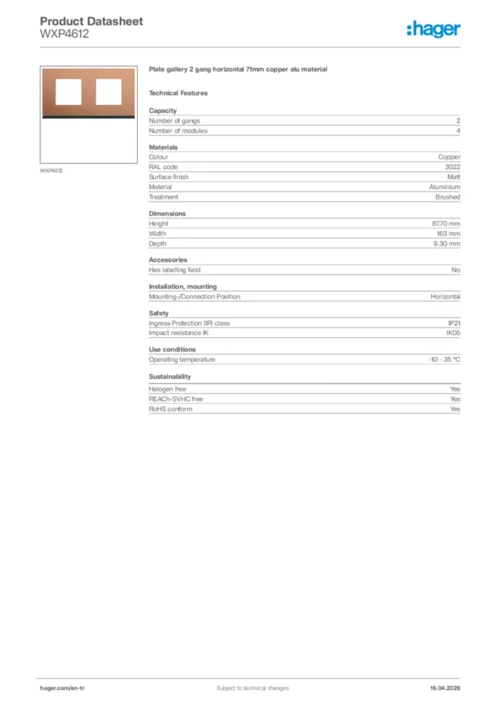 Image Hager Product data sheet WXP4612  | Hager