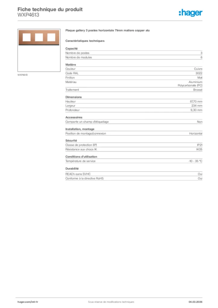 Image Hager Fiche technique du produit WXP4613 | Hager Afrique