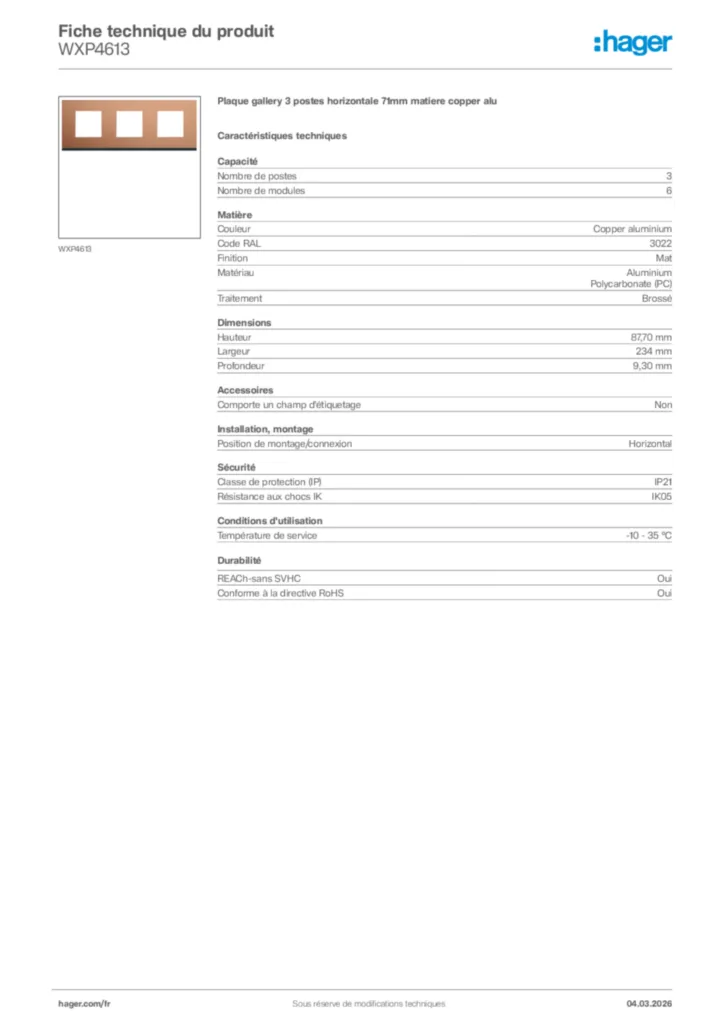 Image Hager Fiche technique du produit WXP4613 | Hager France