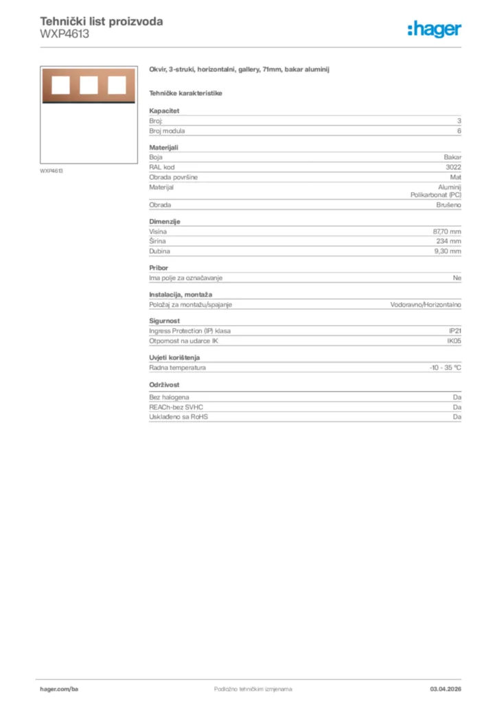 Slika Hager Tehnički list proizvoda WXP4613  | Hager