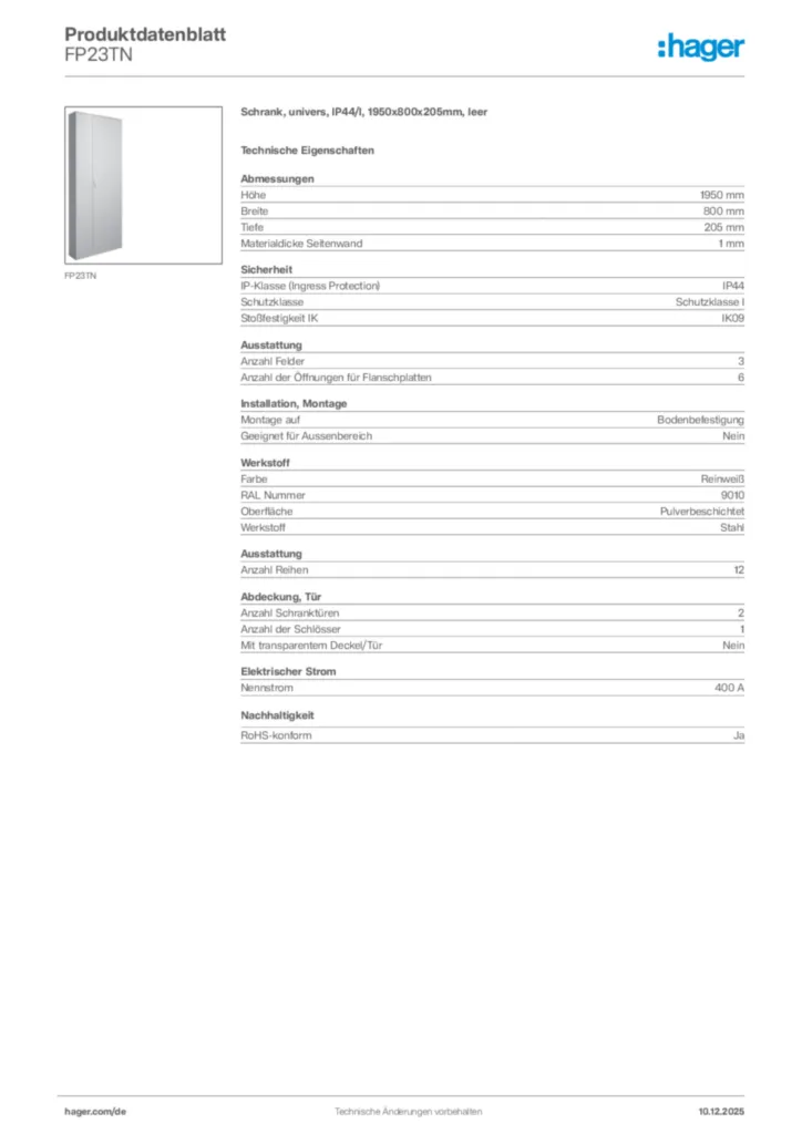 Bild Hager Produktdatenblatt FP23TN | Hager Deutschland