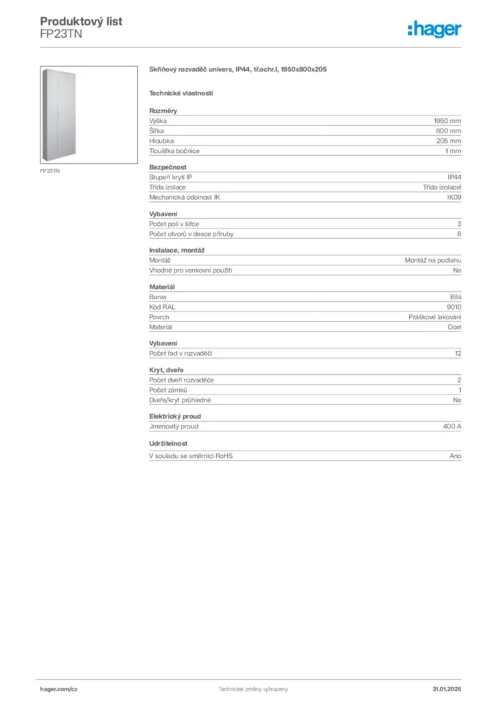 Obrázek Hager Product data sheet FP23TN | Hager