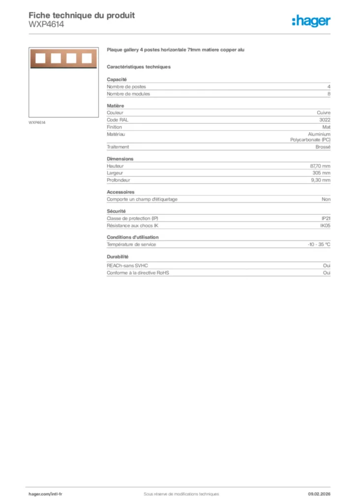 Image Hager Fiche technique du produit WXP4614 | Hager Afrique