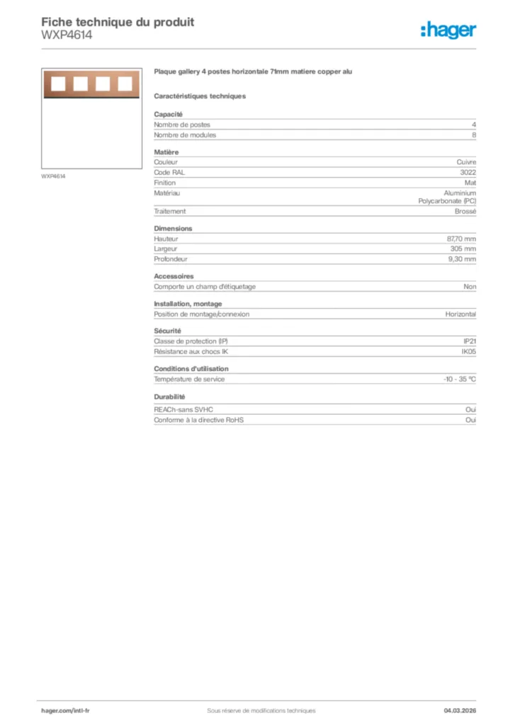 Image Hager Fiche technique du produit WXP4614 | Hager Afrique