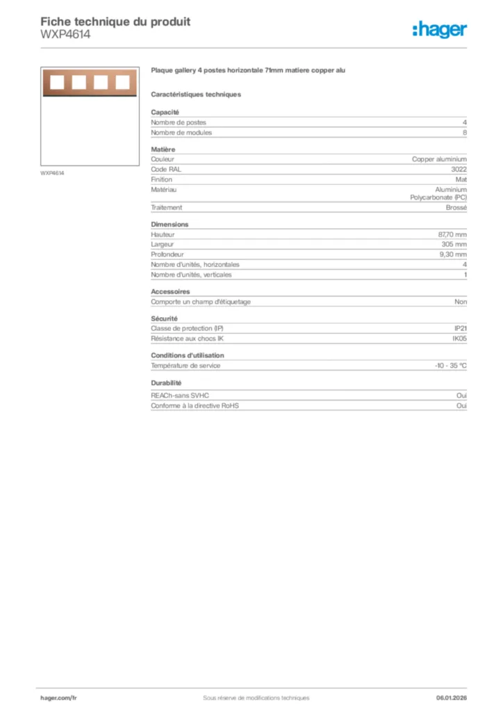 Image Hager Fiche technique du produit WXP4614 | Hager France