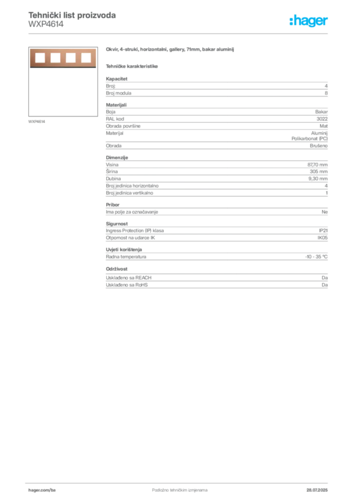 Slika Hager Product data sheet WXP4614  | Hager