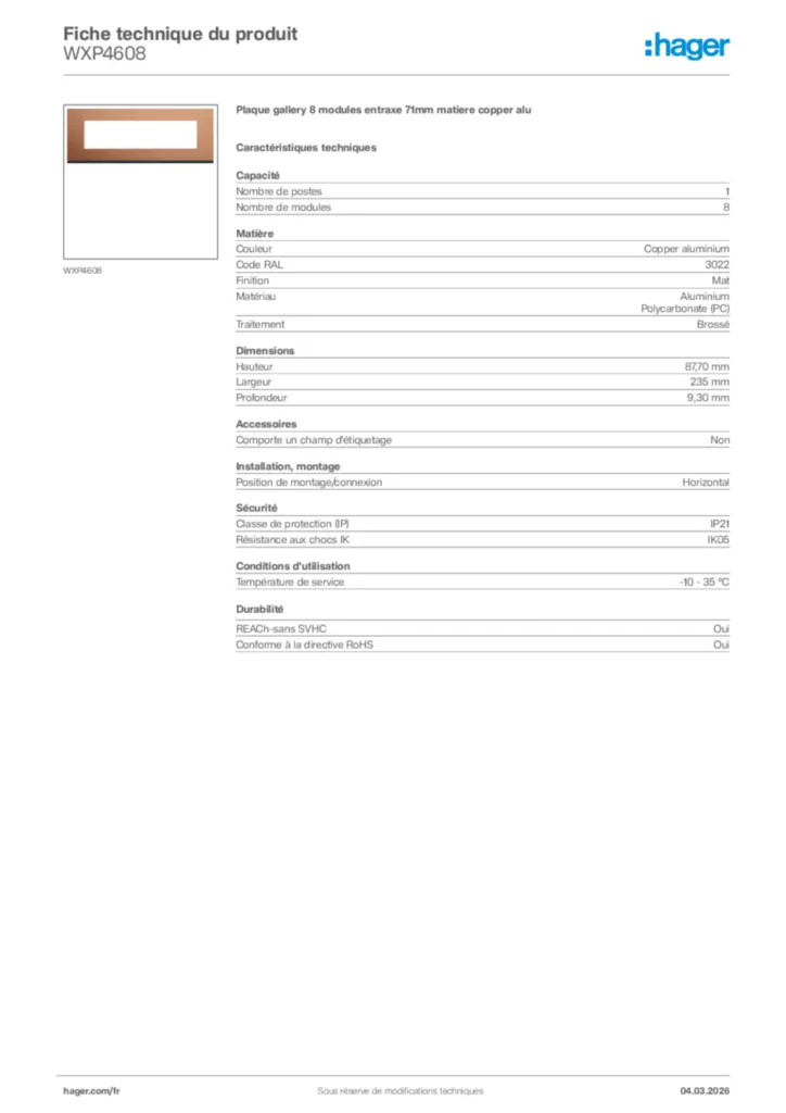 Image Hager Fiche technique du produit WXP4608 | Hager France