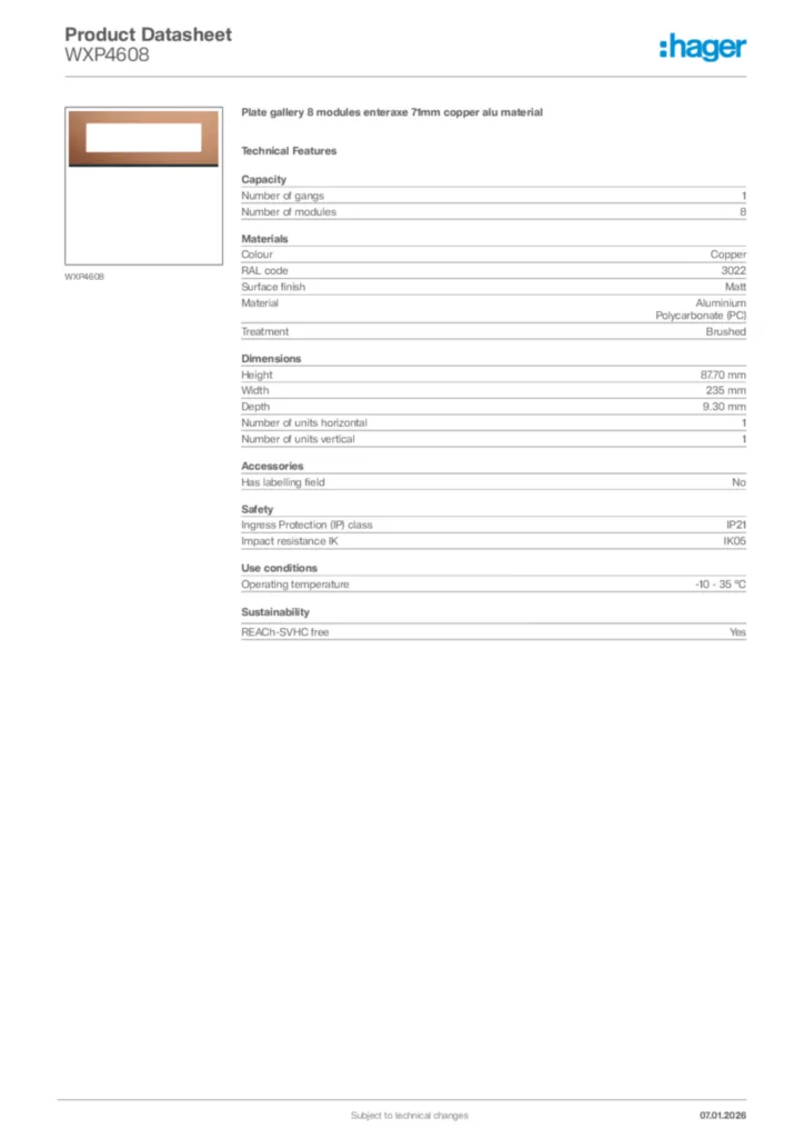 Image Hager Product data sheet WXP4608  | Hager
