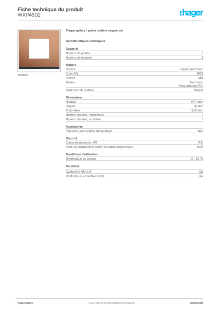 Image Hager Fiche technique du produit WXP4602 | Hager France