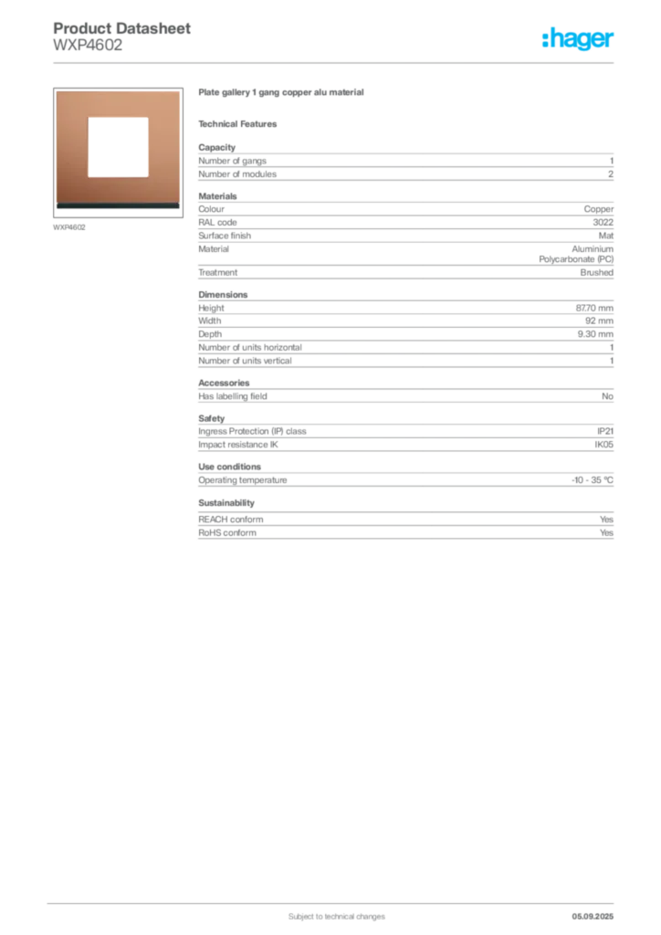 Image Hager Product data sheet WXP4602  | Hager