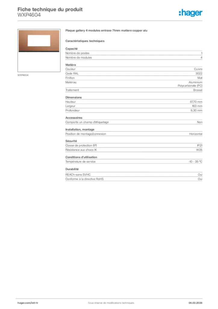 Image Hager Fiche technique du produit WXP4604 | Hager Afrique