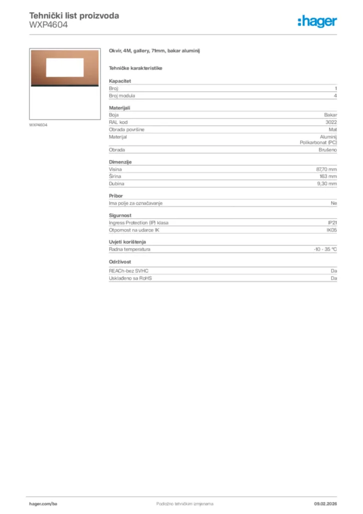 Slika Hager Tehnički list proizvoda WXP4604  | Hager