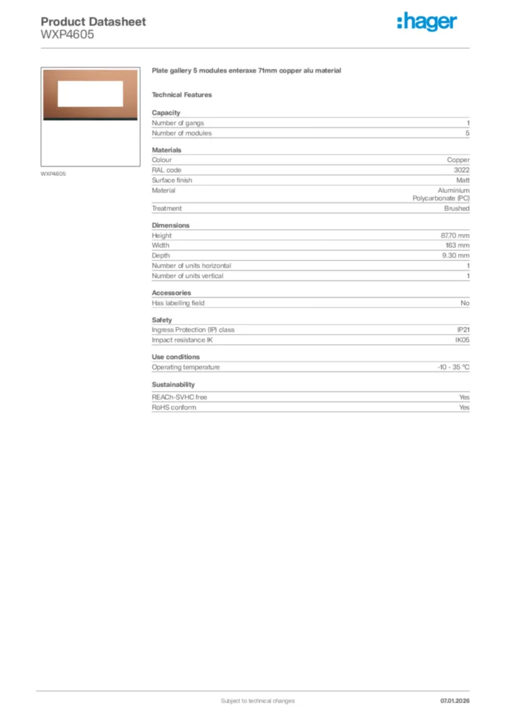 Image Hager Product data sheet WXP4605  | Hager Africa