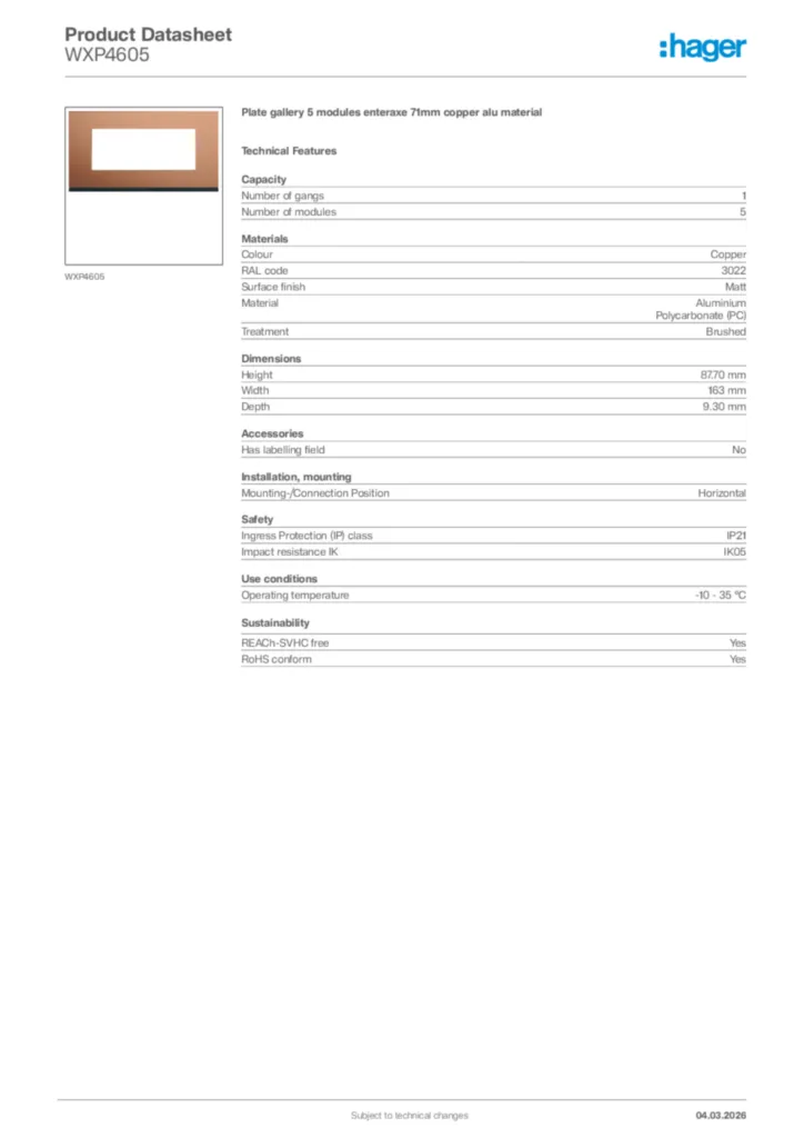 Image Hager Product data sheet WXP4605  | Hager Africa