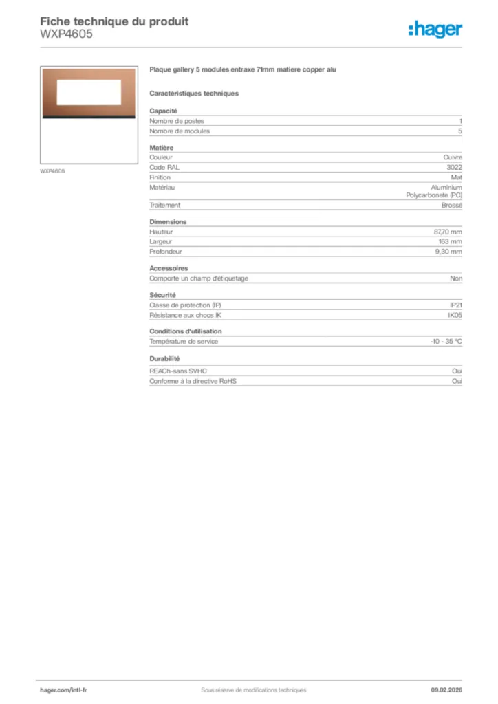 Image Hager Fiche technique du produit WXP4605 | Hager Afrique