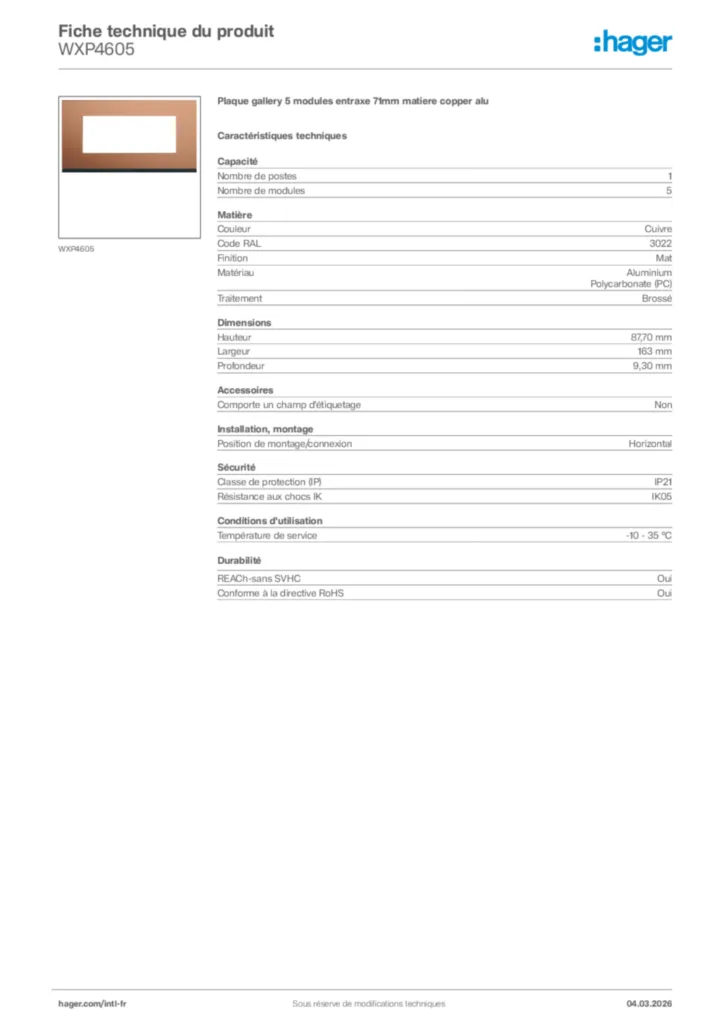 Image Hager Fiche technique du produit WXP4605 | Hager Afrique