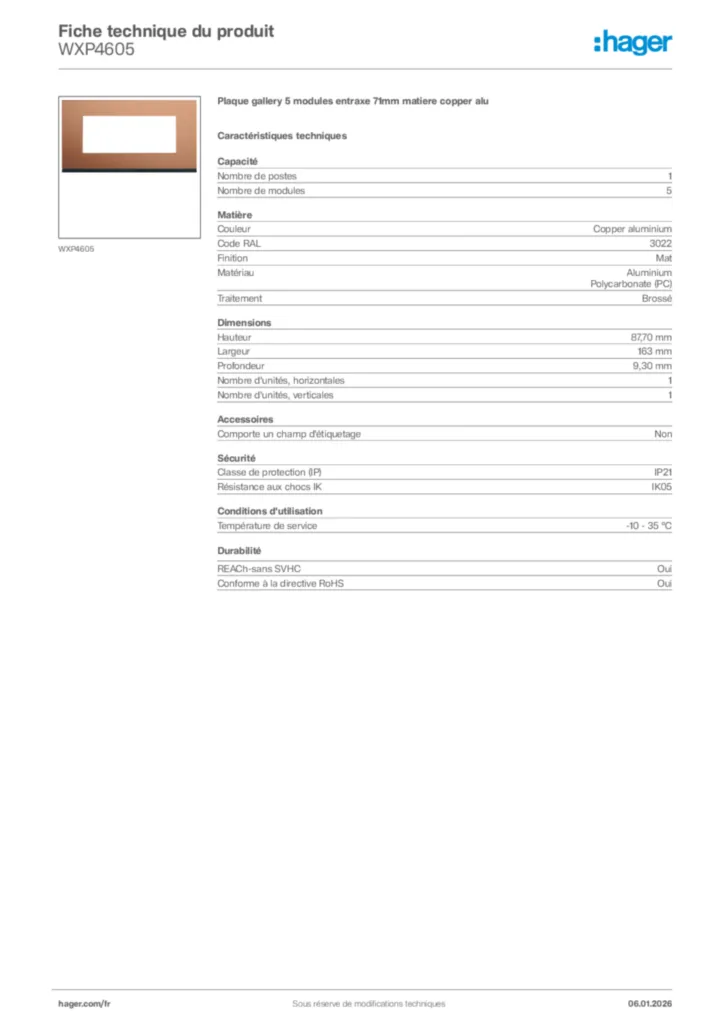 Image Hager Fiche technique du produit WXP4605 | Hager France