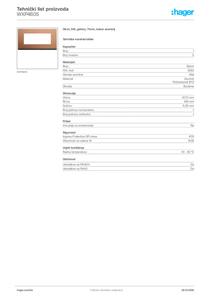 Slika Hager Product data sheet WXP4605  | Hager