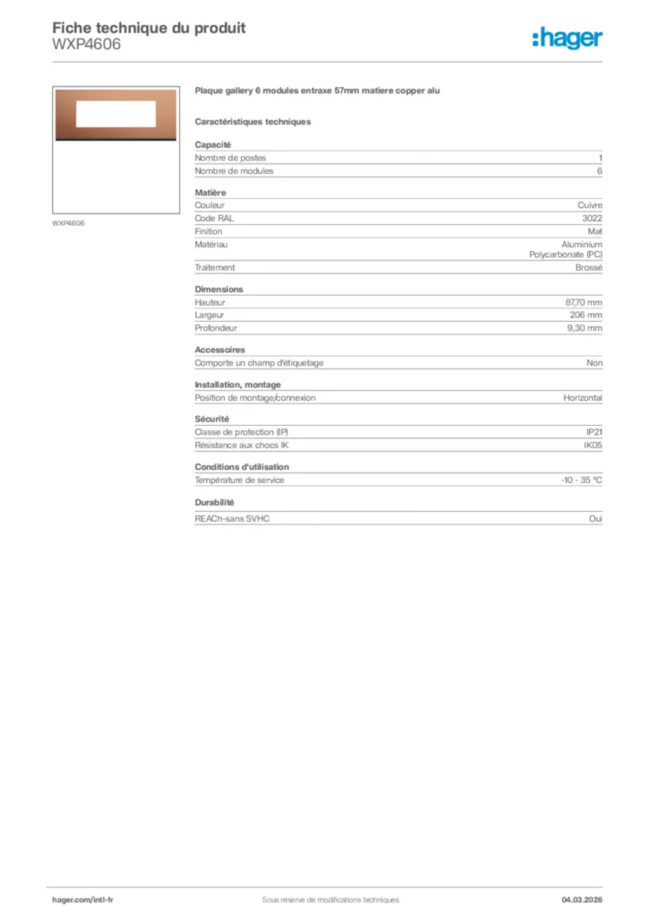 Image Hager Fiche technique du produit WXP4606 | Hager Afrique