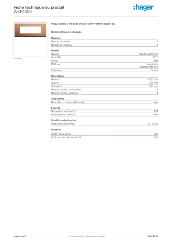 Image Hager Fiche technique du produit WXP4606 | Hager France