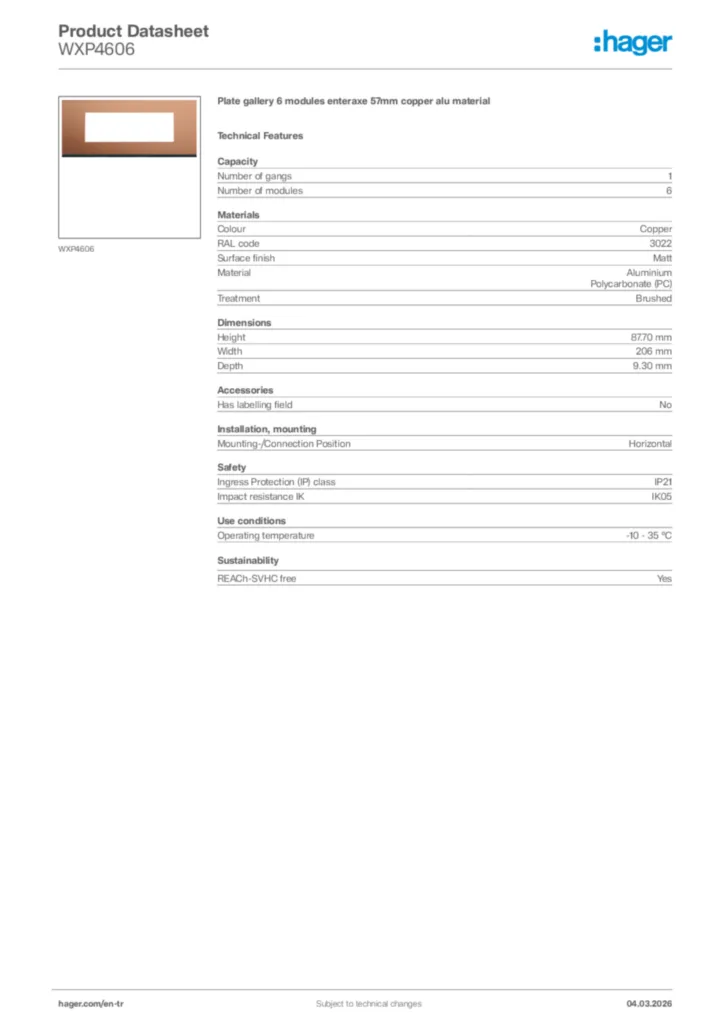 Image Hager Product data sheet WXP4606  | Hager