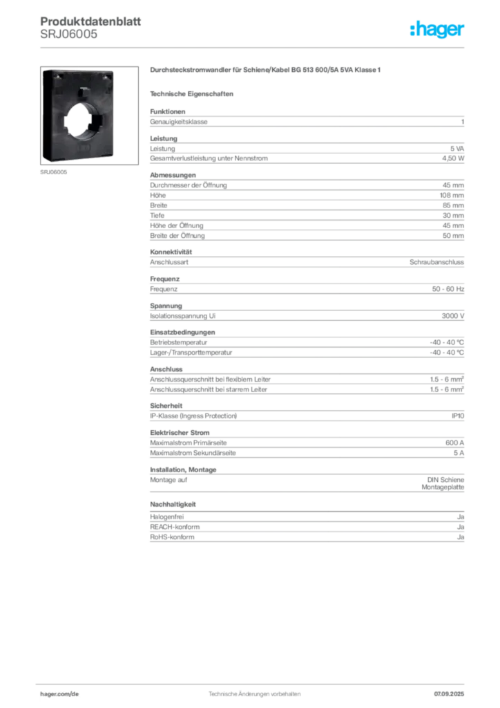 Hager Produktdatenblatt SRJ06005