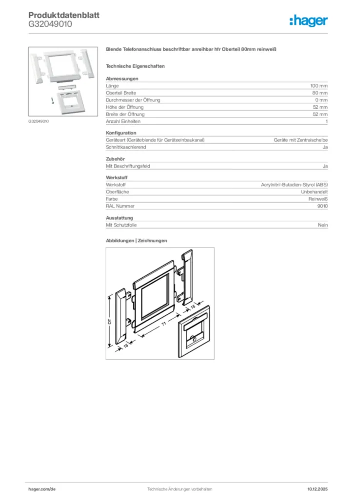 Bild Hager Produktdatenblatt G32049010 | Hager Deutschland