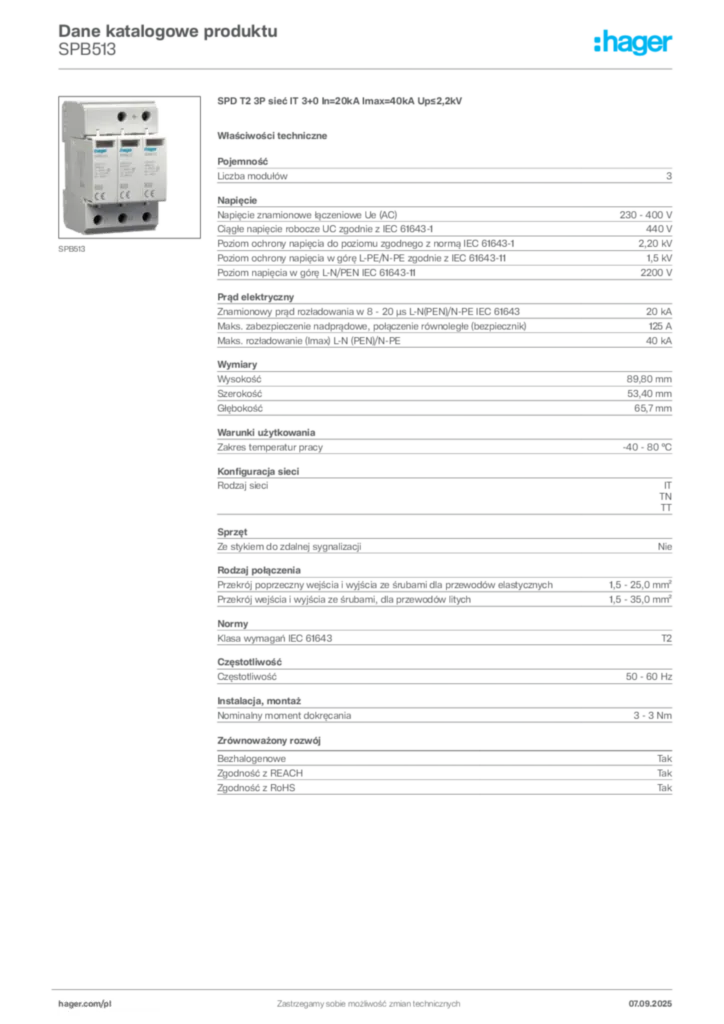Zdjęcie Hager Dane katalogowe produktu SPB513 | Hager Polska