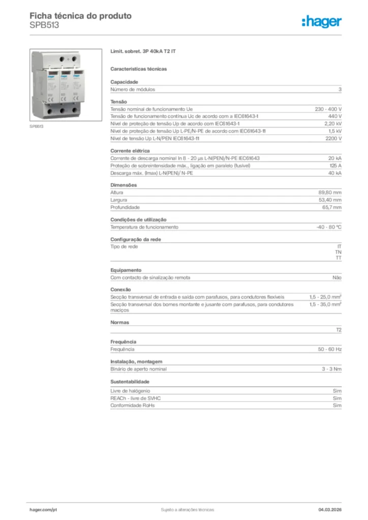 Imagem Hager Ficha técnica do produto SPB513 | Hager Portugal