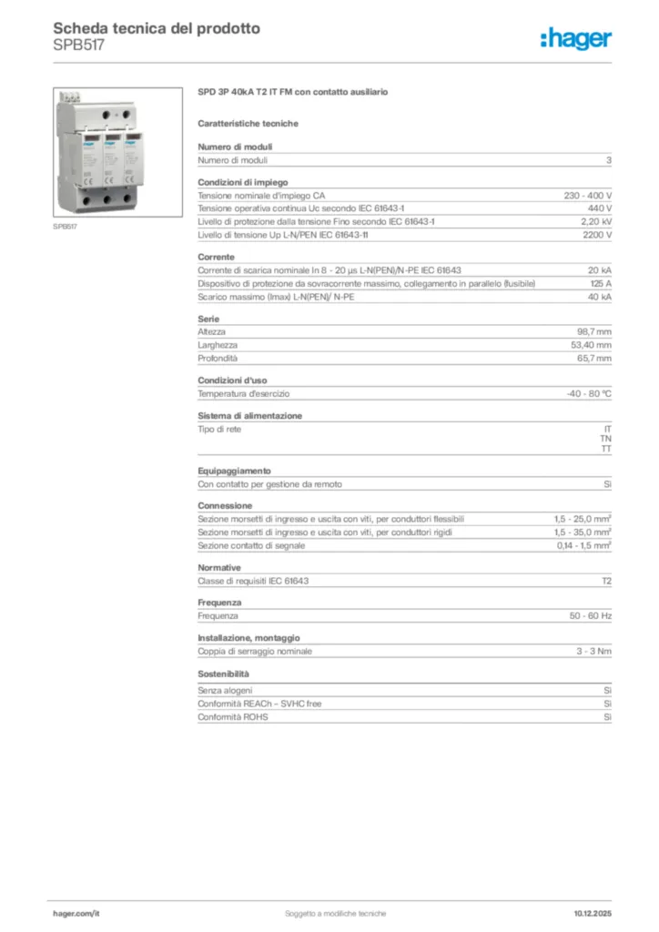 Immagine Hager Scheda tecnica del prodotto SPB517 | Hager Italia