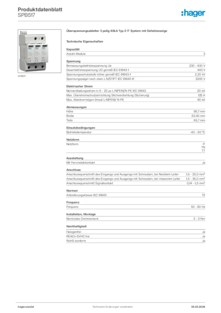 Bild Hager Produktdatenblatt SPB517 | Hager Deutschland