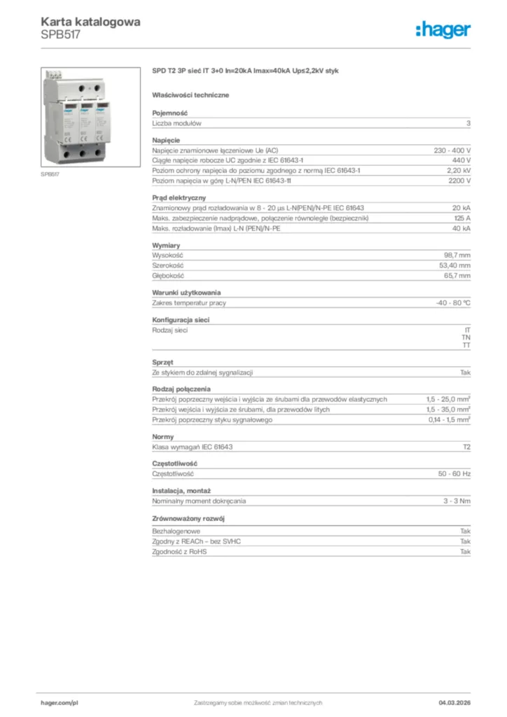 Zdjęcie Hager Karta katalogowa SPB517 | Hager Polska