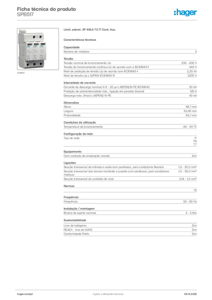 Imagem Hager Ficha técnica do produto SPB517 | Hager Portugal