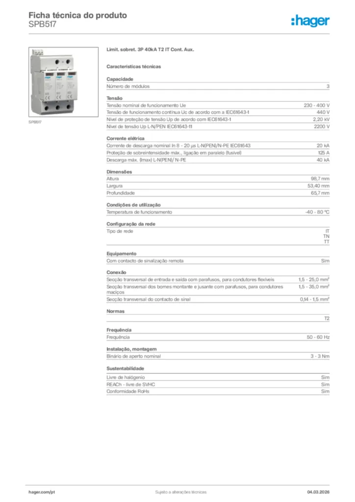 Imagem Hager Ficha técnica do produto SPB517 | Hager Portugal