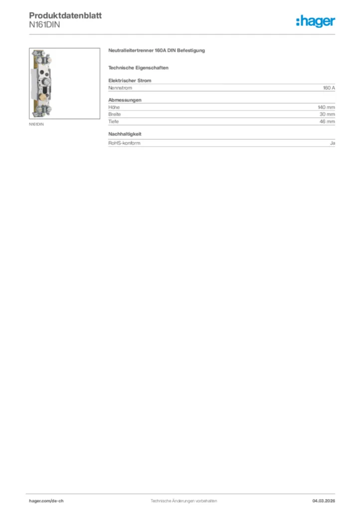 Bild Hager Produktdatenblatt N161DIN | Hager Schweiz