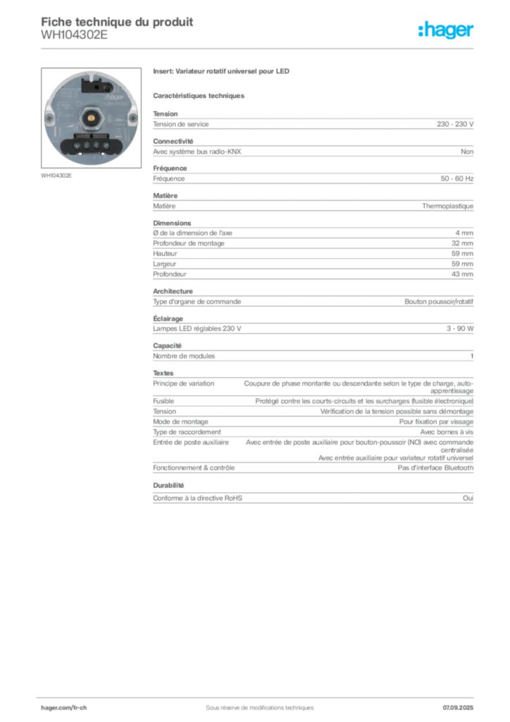 Image Hager Fiche technique du produit WH104302E | Hager Suisse