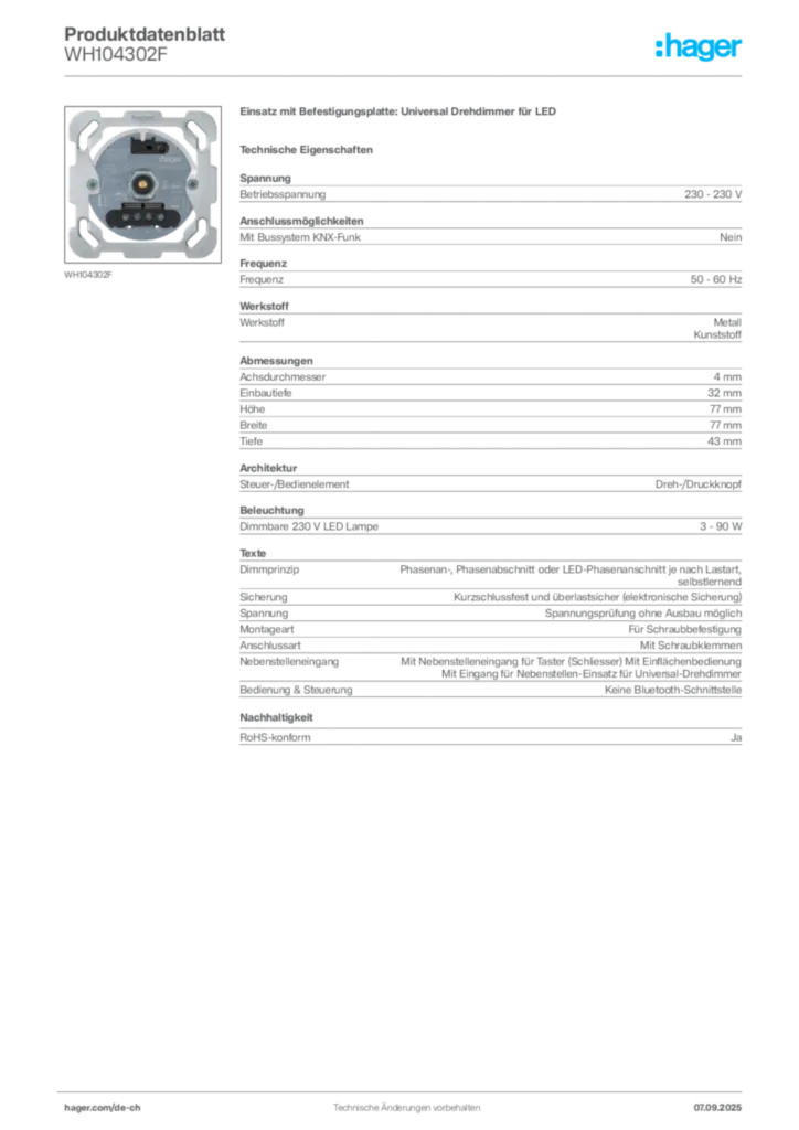Bild Hager Produktdatenblatt WH104302F | Hager Schweiz