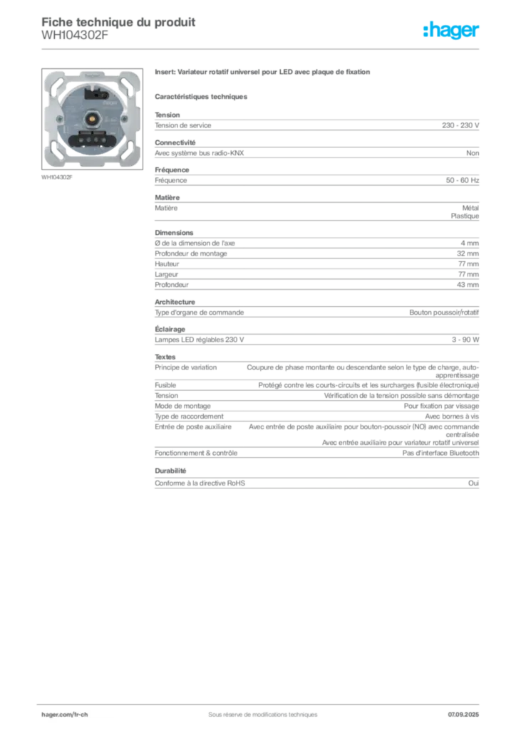 Image Hager Fiche technique du produit WH104302F | Hager Suisse