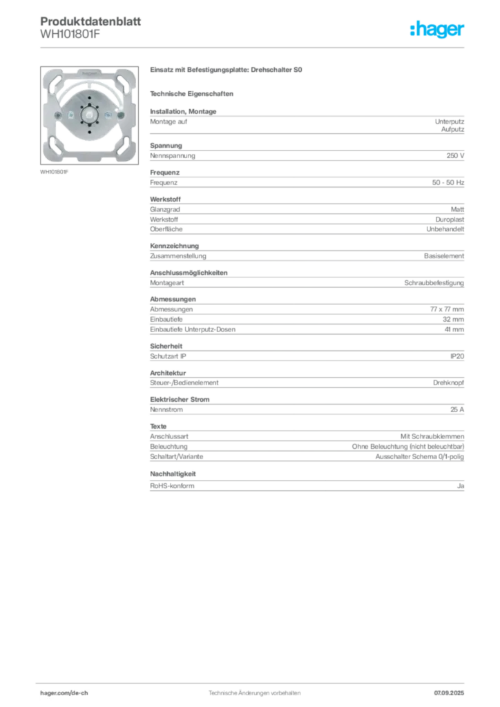 Bild Hager Produktdatenblatt WH101801F | Hager Schweiz