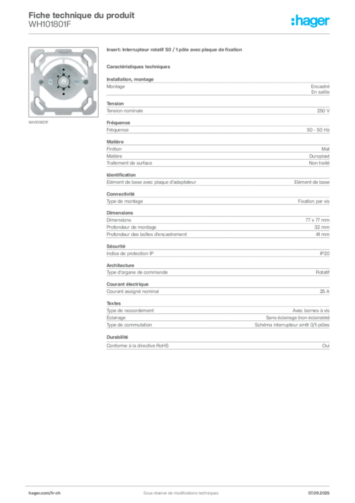 Image Hager Fiche technique du produit WH101801F | Hager Suisse