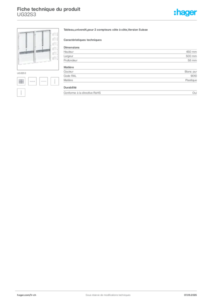 Image Hager Fiche technique du produit UG32S3 | Hager Suisse