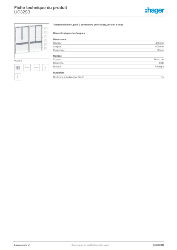 Image Hager Fiche technique du produit UG32S3 | Hager Suisse