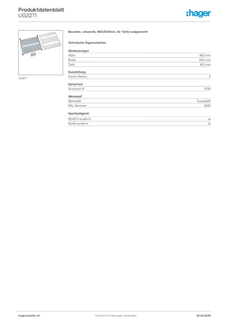 Bild Hager Produktdatenblatt UG32T1 | Hager Schweiz