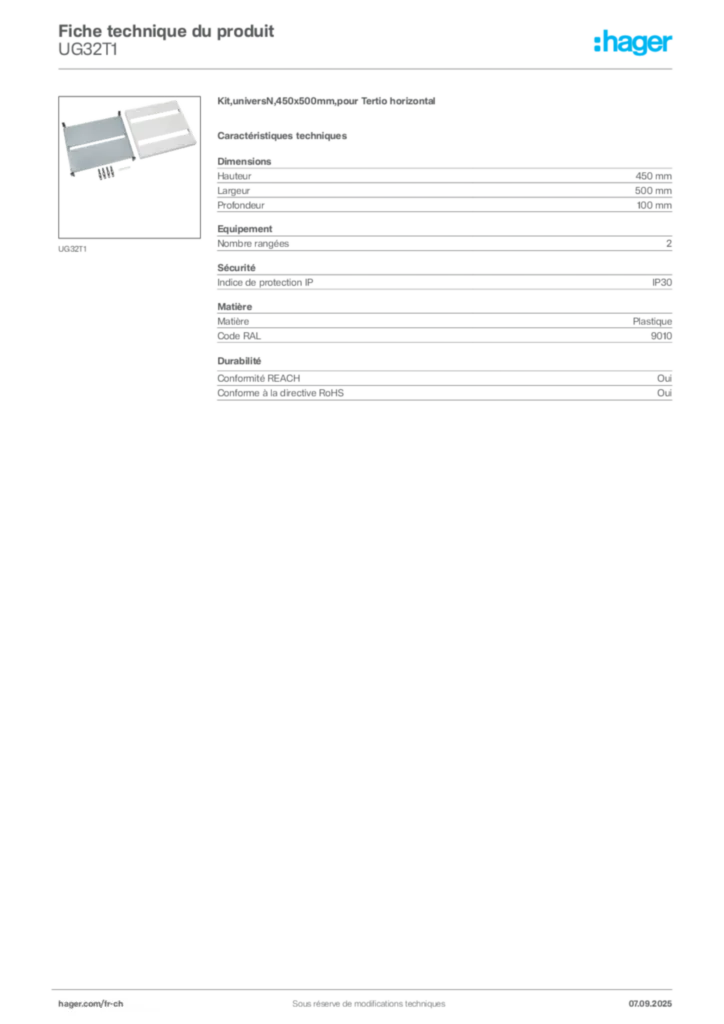 Image Hager Fiche technique du produit UG32T1 | Hager Suisse
