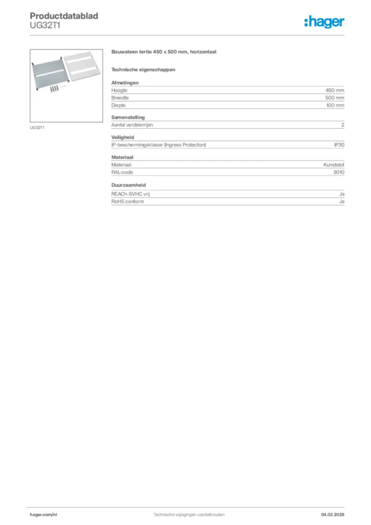Afbeelding Hager Productdatablad UG32T1 | Hager Nederland