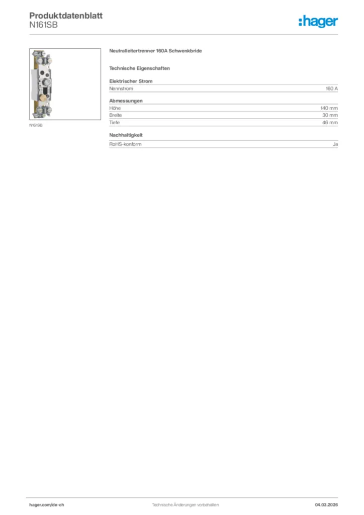 Bild Hager Produktdatenblatt N161SB | Hager Schweiz