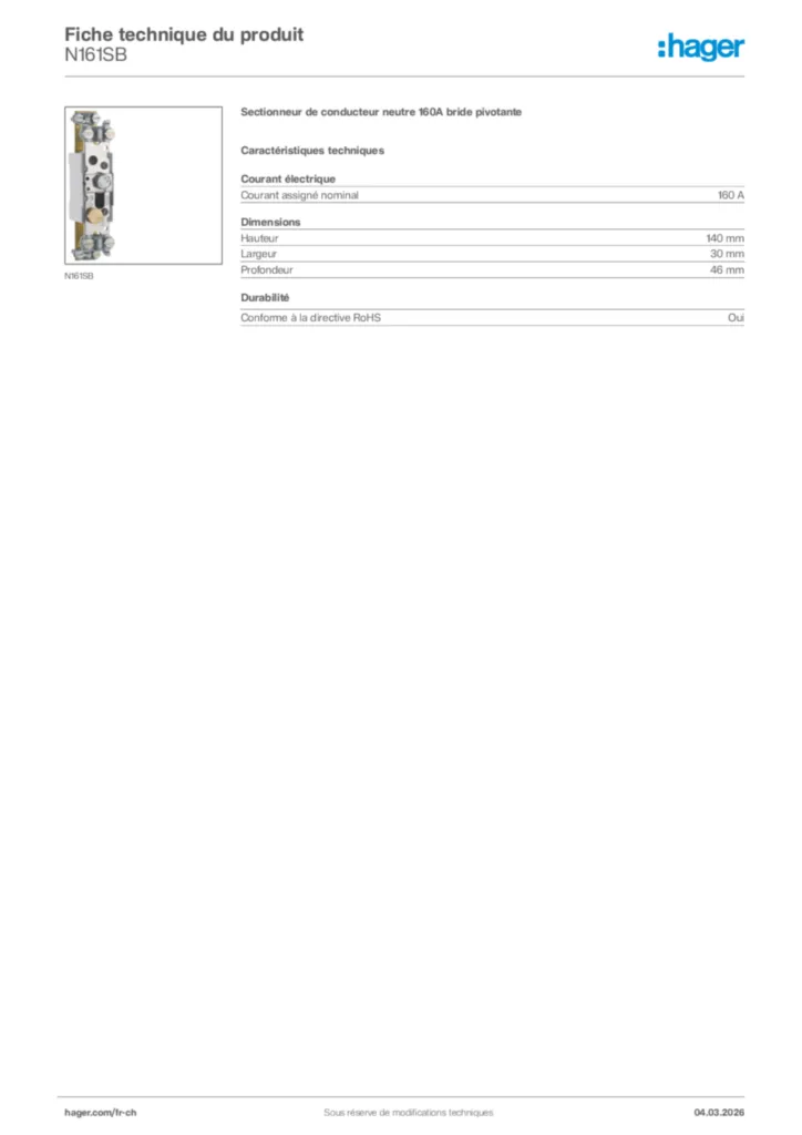 Image Hager Fiche technique du produit N161SB | Hager Suisse