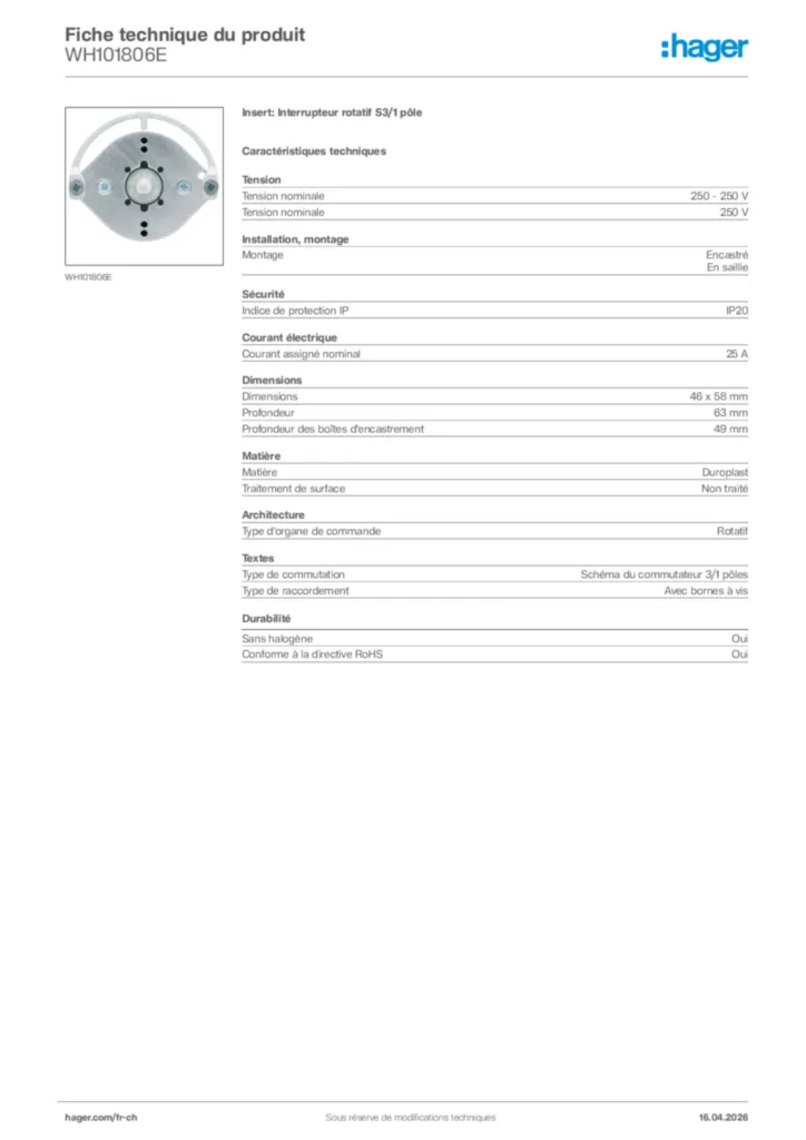 Image Hager Fiche technique du produit WH101806E | Hager Suisse
