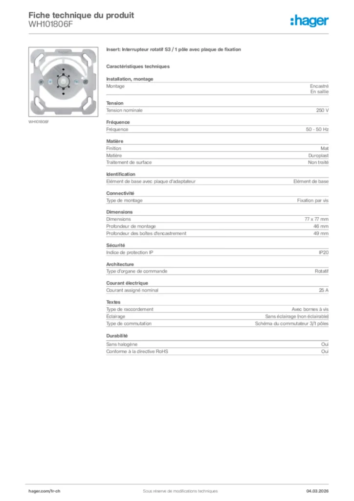 Image Hager Fiche technique du produit WH101806F | Hager Suisse