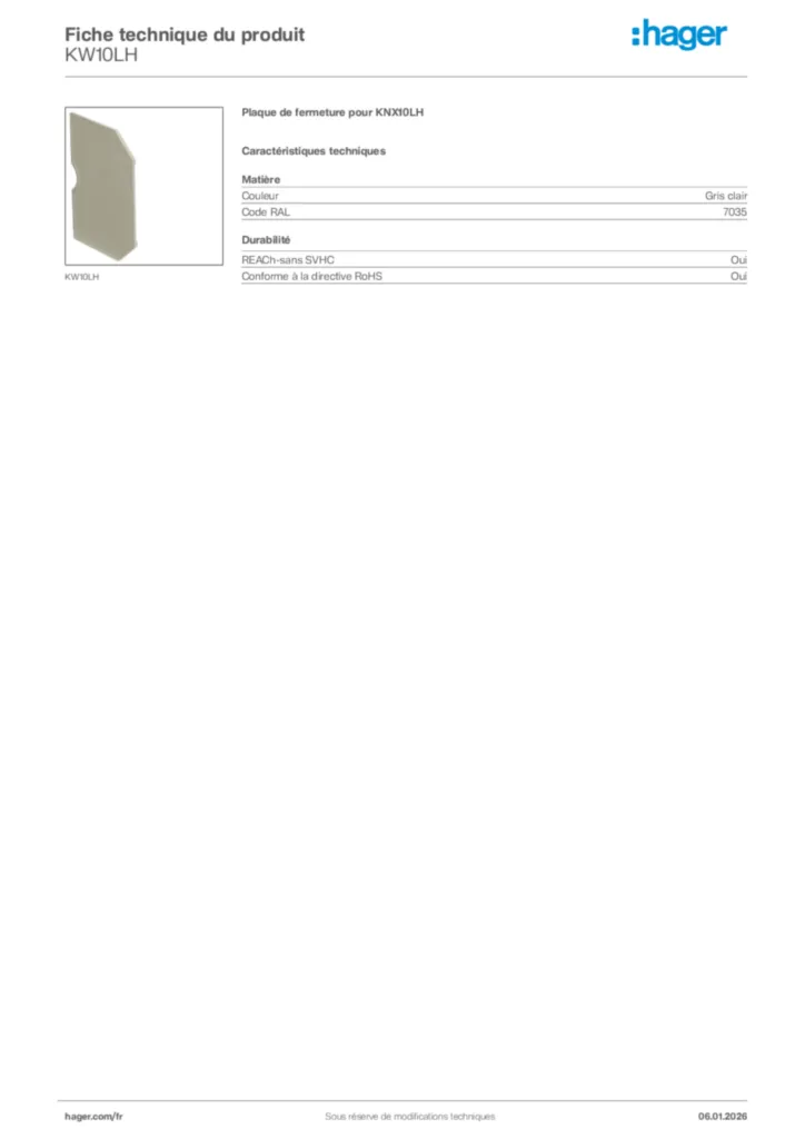 Image Hager Fiche technique du produit KW10LH | Hager France